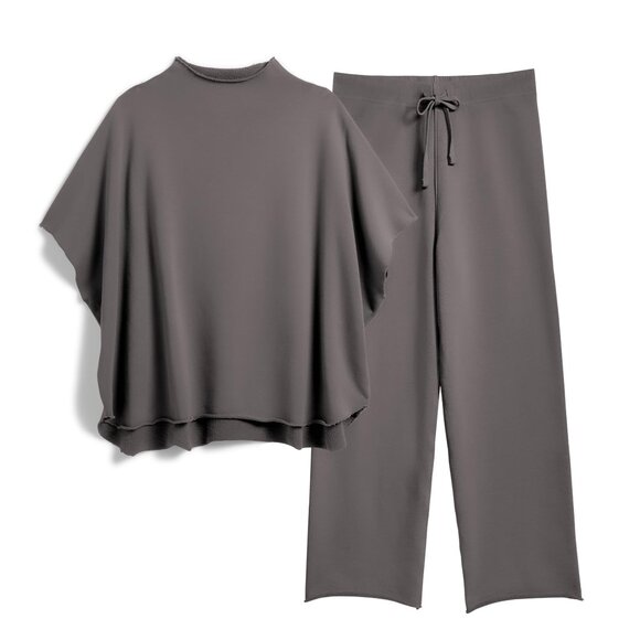 Two Piece Lounge Set Batwing Sleeve Top Wide Leg Pants Chic Minimal